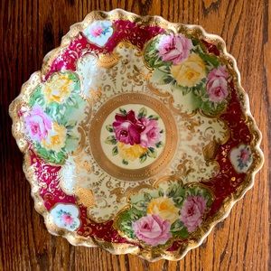 Nippon antique china hand painted bowl 11in pink yellow roses, raised gold trim